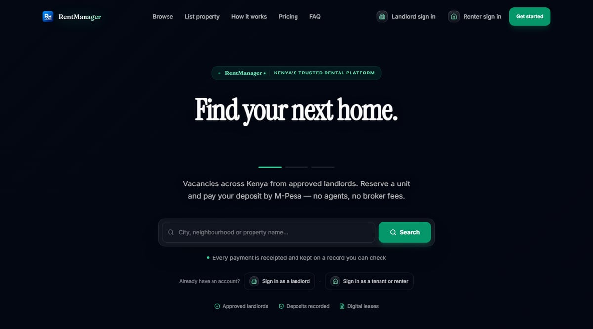 RentManager's public landing page: headline 'Find your next home', a property search bar, and sign-in options for landlords and renters.