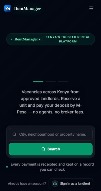 RentManager's landing page rendered on a mobile-width viewport, showing the search bar and hero copy in a single column.